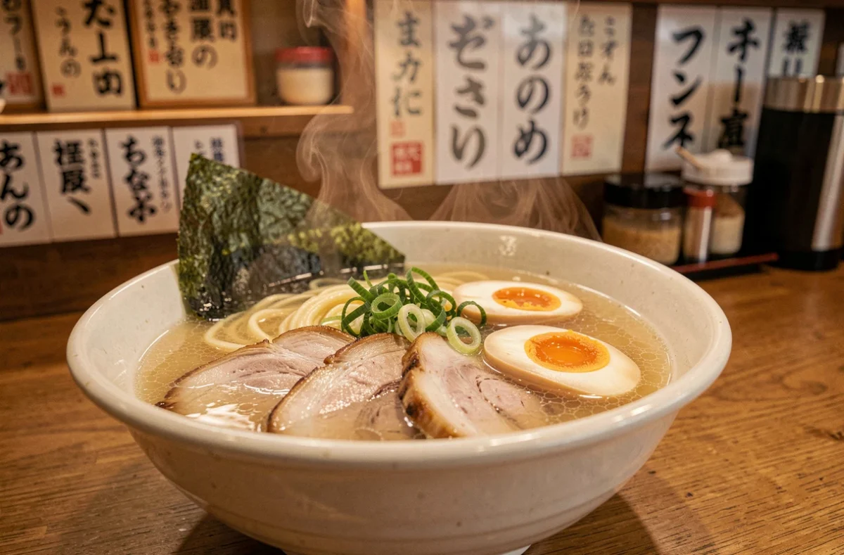 Bol de ramen fumant servi au comptoir de Hisashii Ramen à Rouen, avec chashu et œuf mollet