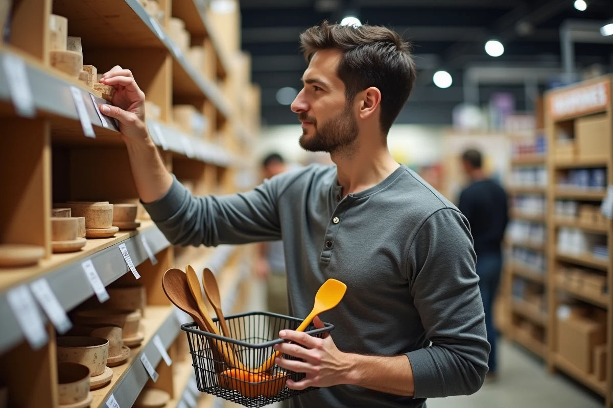 Homme adulte choisissant des ustensiles de cuisine pour débutants dans un magasin spécialisé avec des rayons bien organisés en arrière-plan