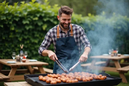 Homme souriant en barbecue dans le jardin