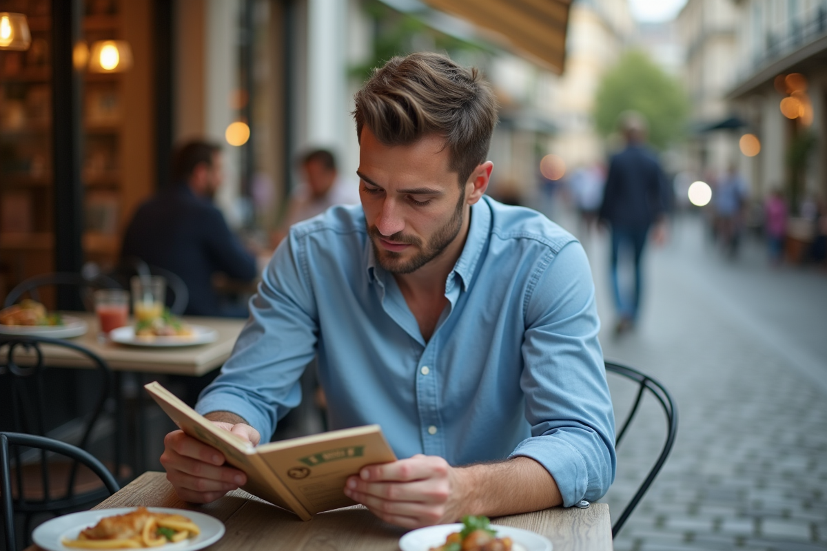 Homme regardant un menu dans un café en terrasse en extérieur
