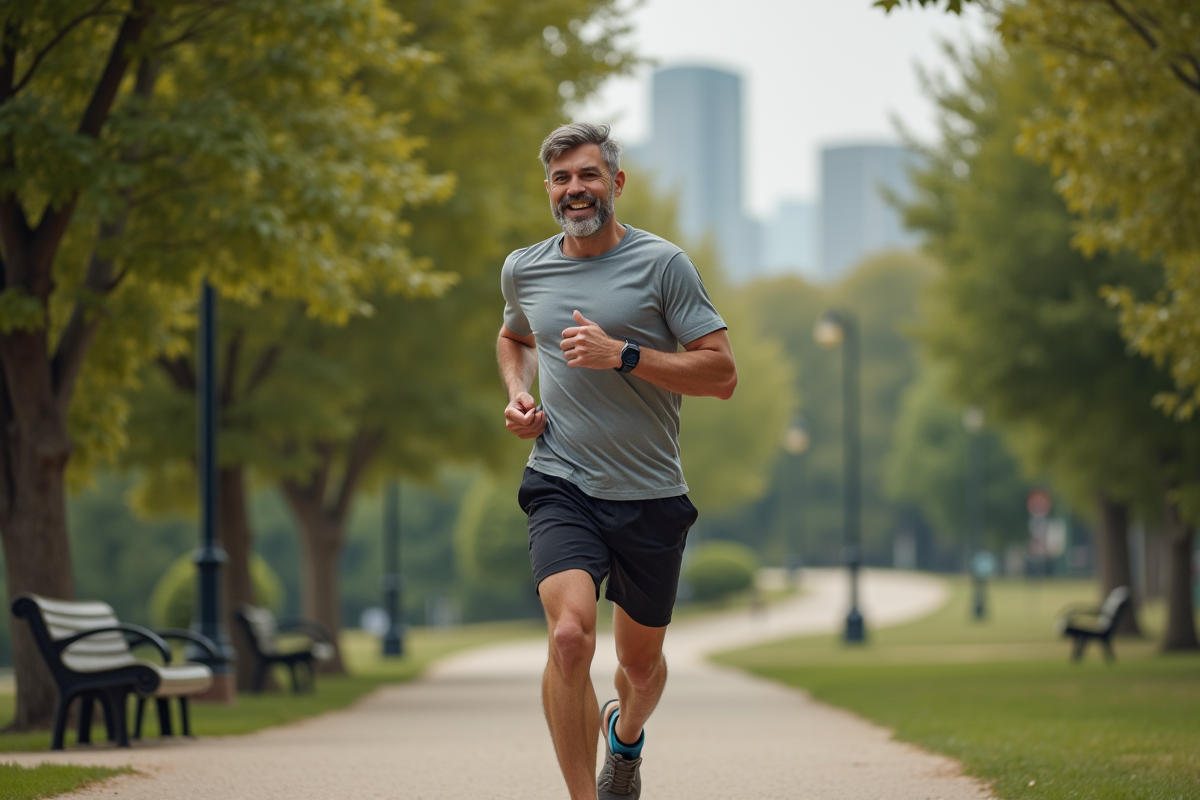 Homme en tenue sportive courant dans un parc urbain