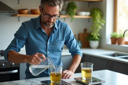 Homme d'&acirc;ge moyen versant de l'eau dans un verre en cuisine