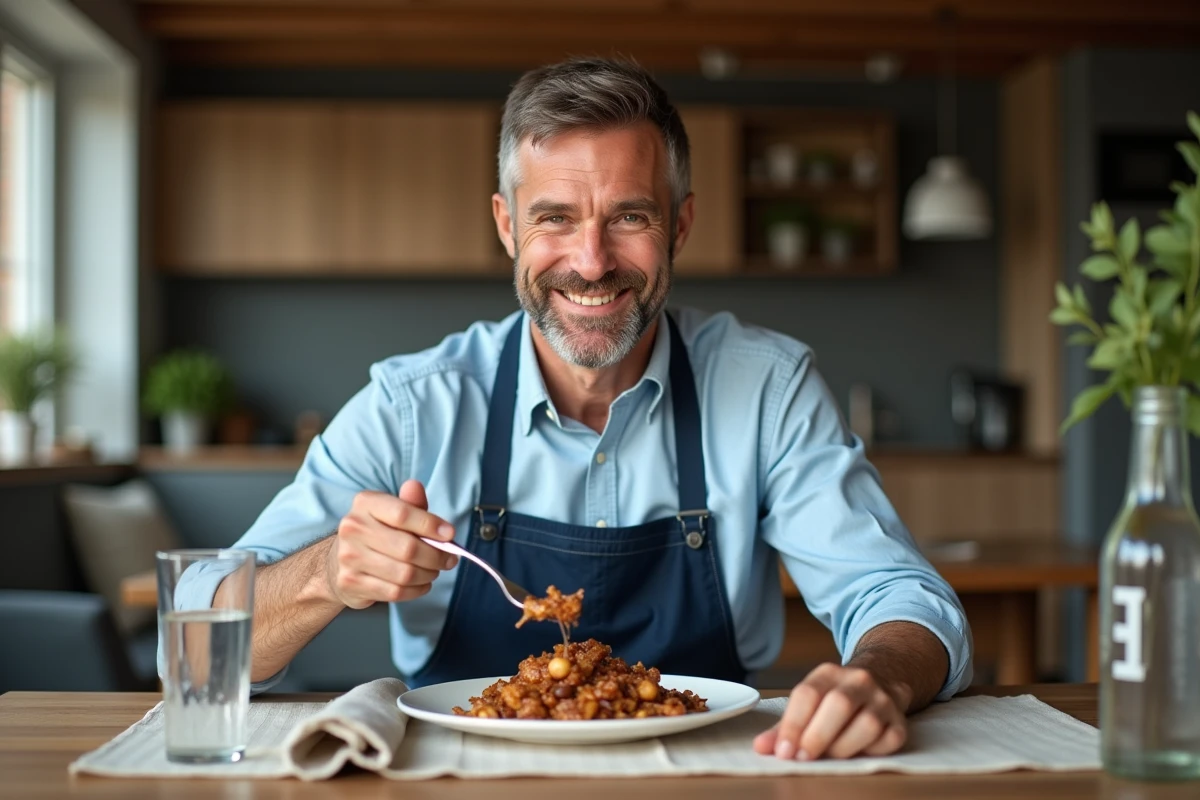 Homme détendu dégustant un boeuf carotte à la table