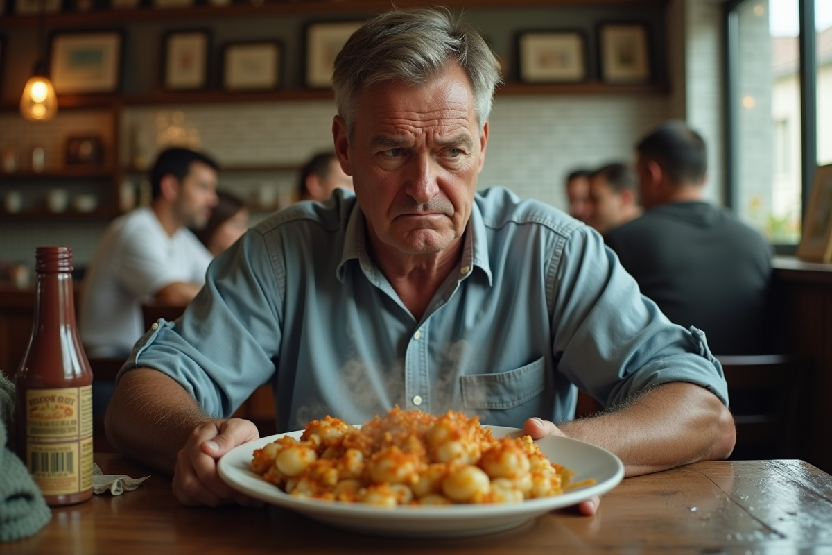 Homme d'âge moyen grimace devant un plat étrange dans un restaurant