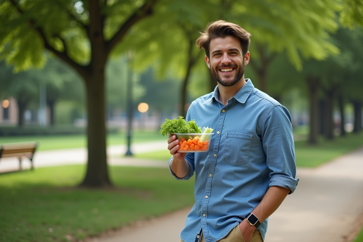 Homme dégustant une salade dans un parc en plein air