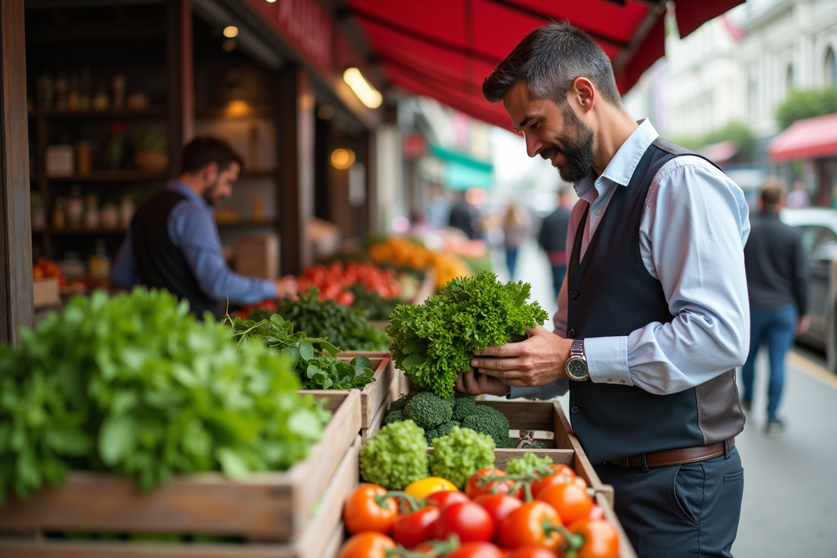 Homme choisissant des légumes frais au marché