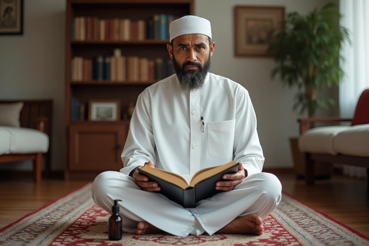 Homme musulman en priere avec un Quran et vinaigre dans le salon