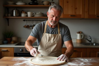 Homme en cuisine saupoudrant de la farine sur une pierre à pizza