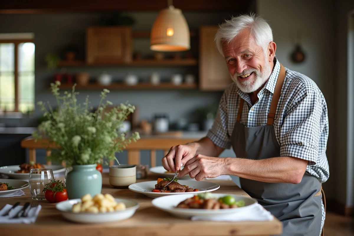 Homme âgé dressant un plat de rognons de veau dans la salle à manger