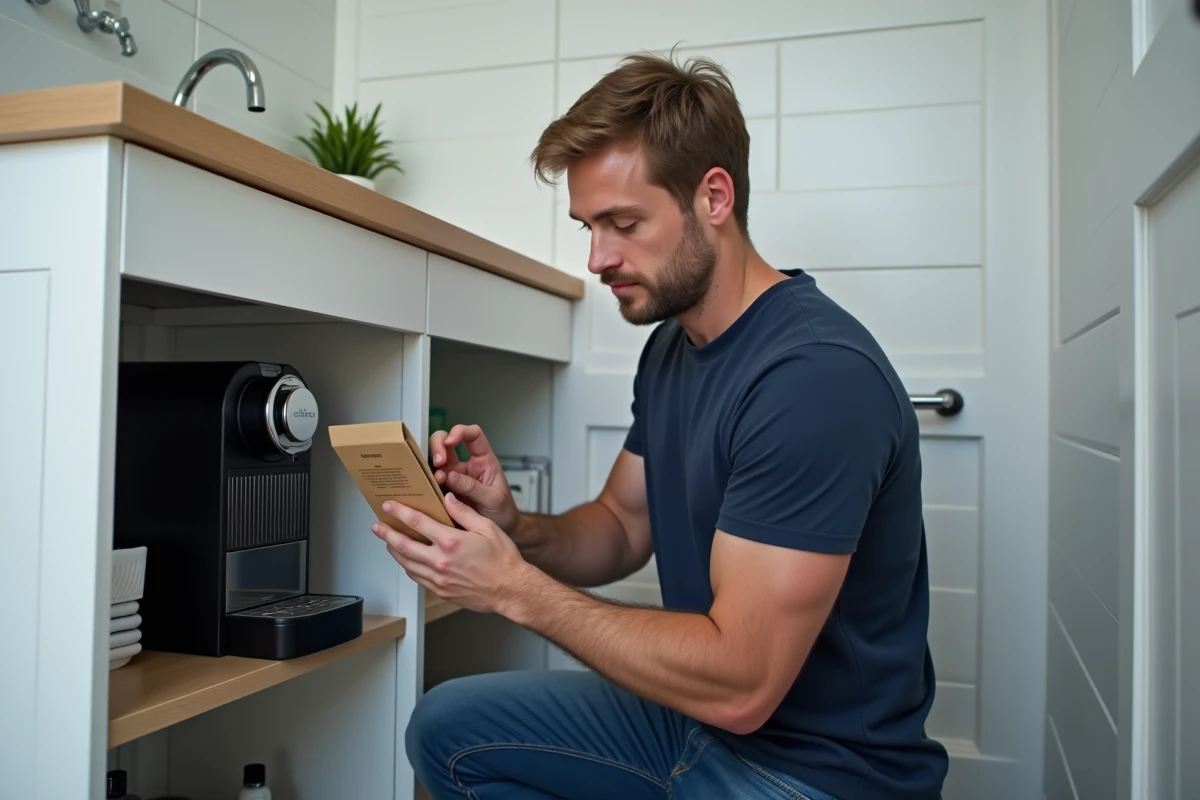 Homme lisant les instructions d'un produit détartrant compatible Magimix Nespresso dans une buanderie moderne