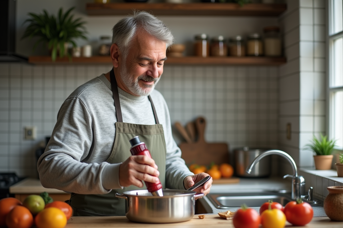 Homme préparant une soupe avec un mixeur plongeant dans la cuisine