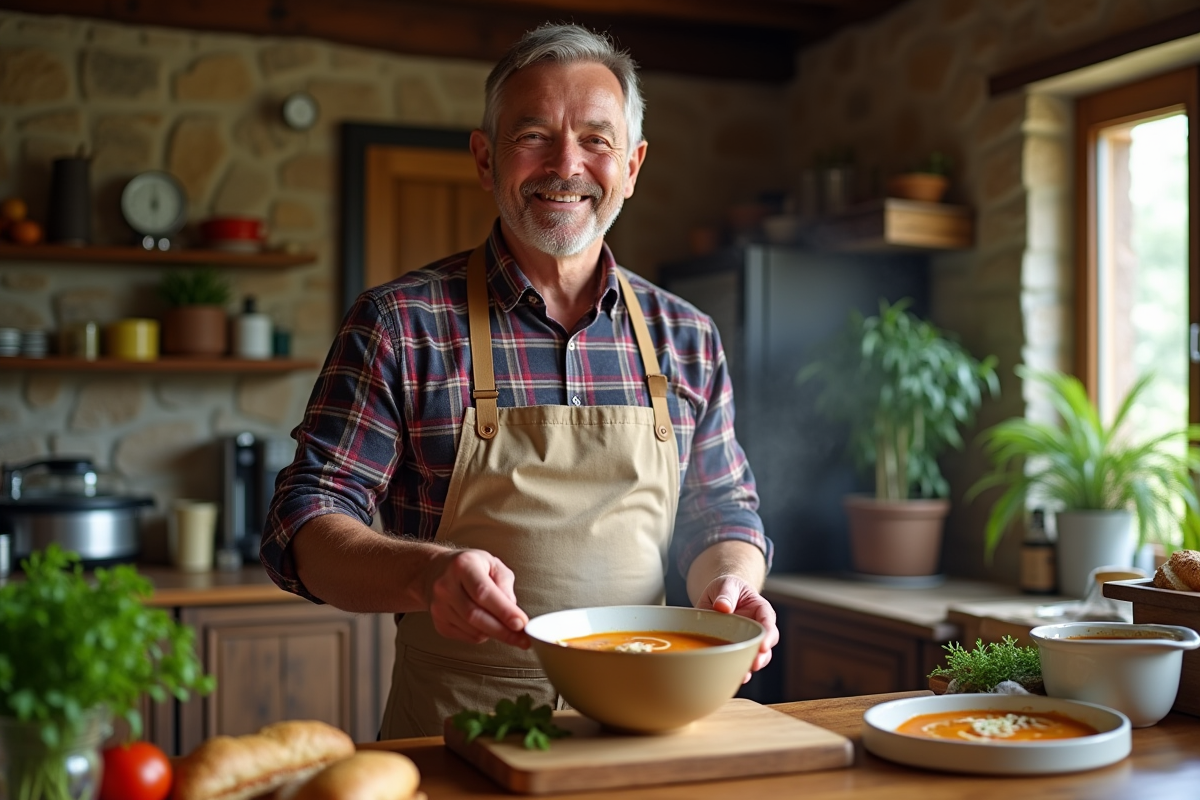 Homme servant une soupe dans une ambiance rustique