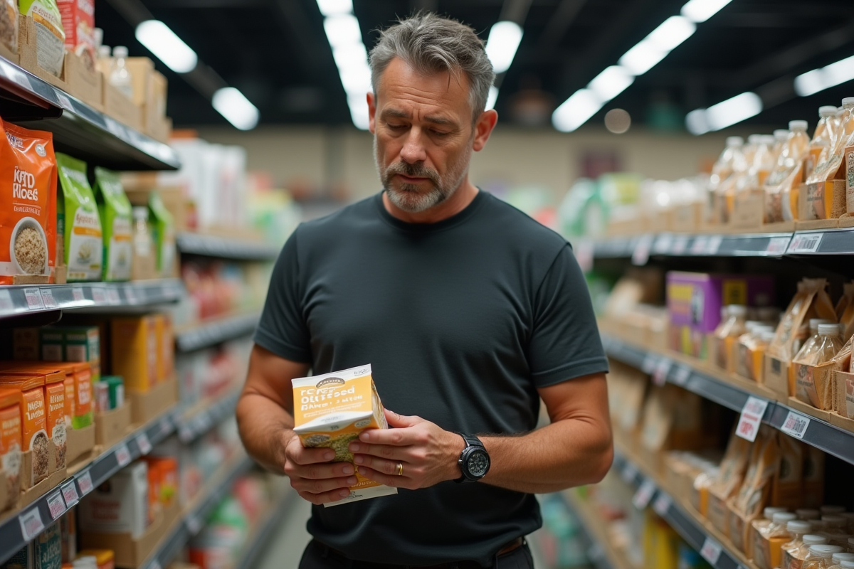Homme dans un magasin bio examinant un paquet de riz keto