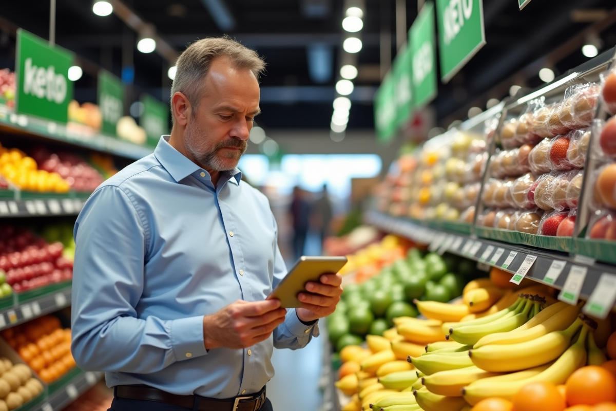 Homme lit l étiquette nutrition d une banane en supermarche