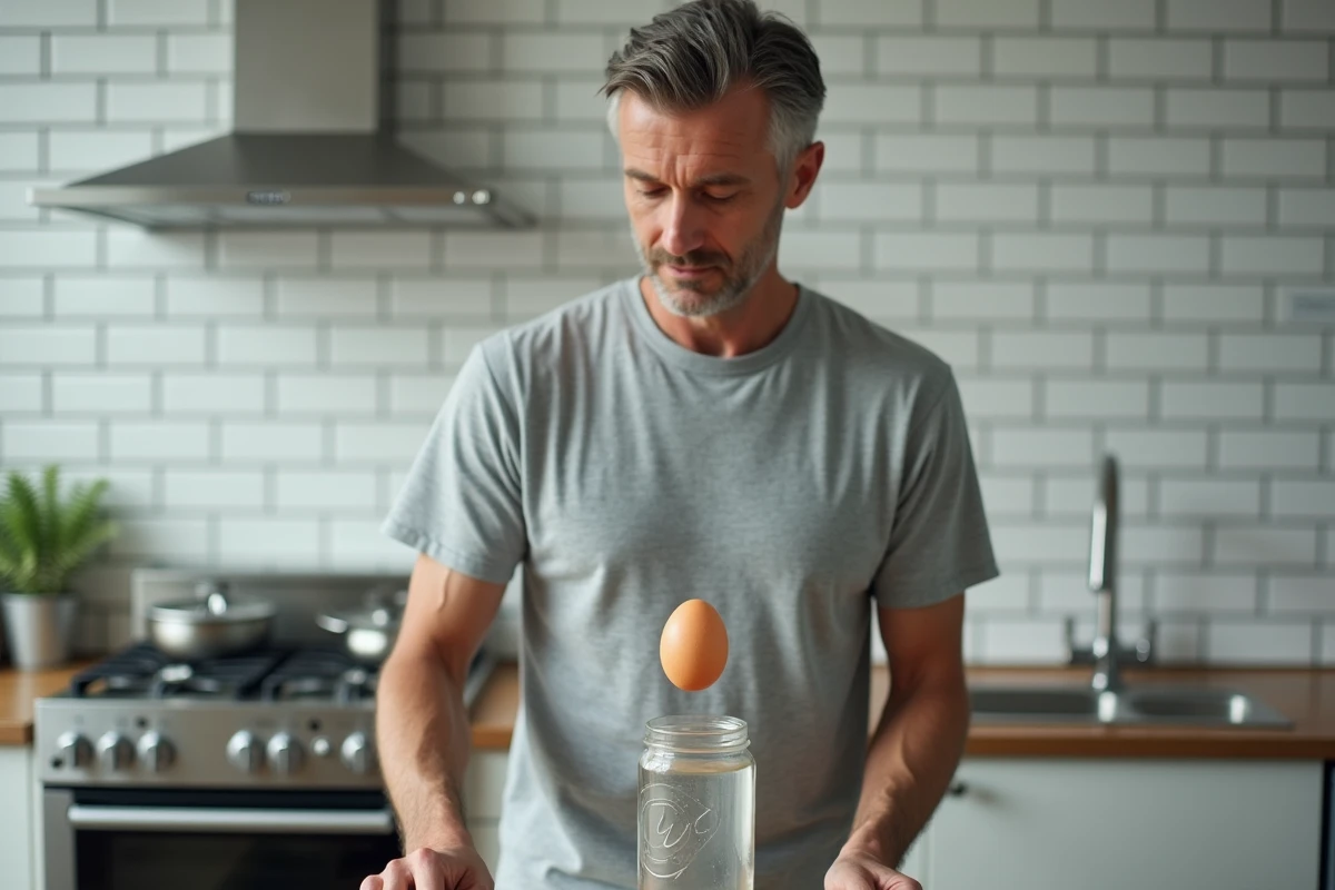 Homme observant un œuf flottant dans un bocal en verre pour évaluer sa fraîcheur dans une cuisine moderne