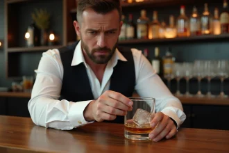Homme en costume dégustant un whisky dans un bar moderne