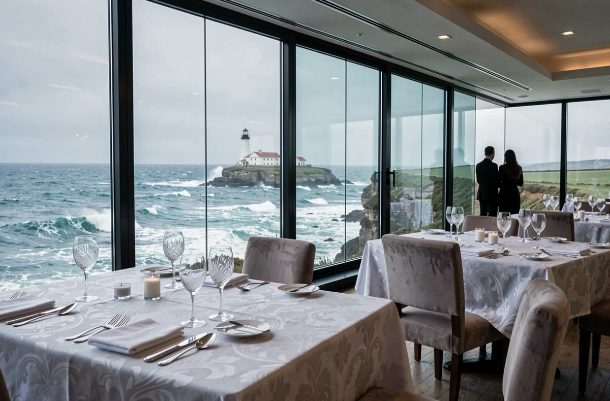 Salle panoramique de l'Hostellerie de la Pointe Saint-Mathieu à Plougonvelin avec vue sur le phare et l'Atlantique