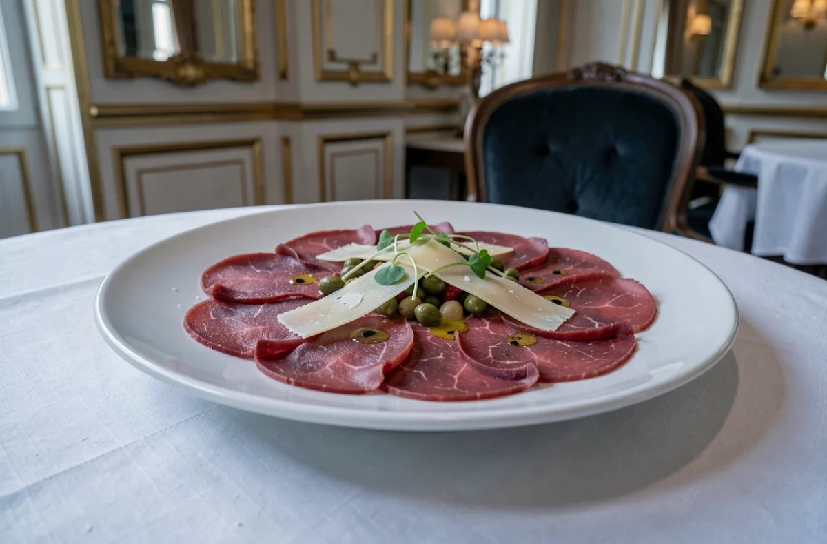 Assiette de carpaccio gastronomique finement dressée dans un cadre de palace parisien au Royal Monceau