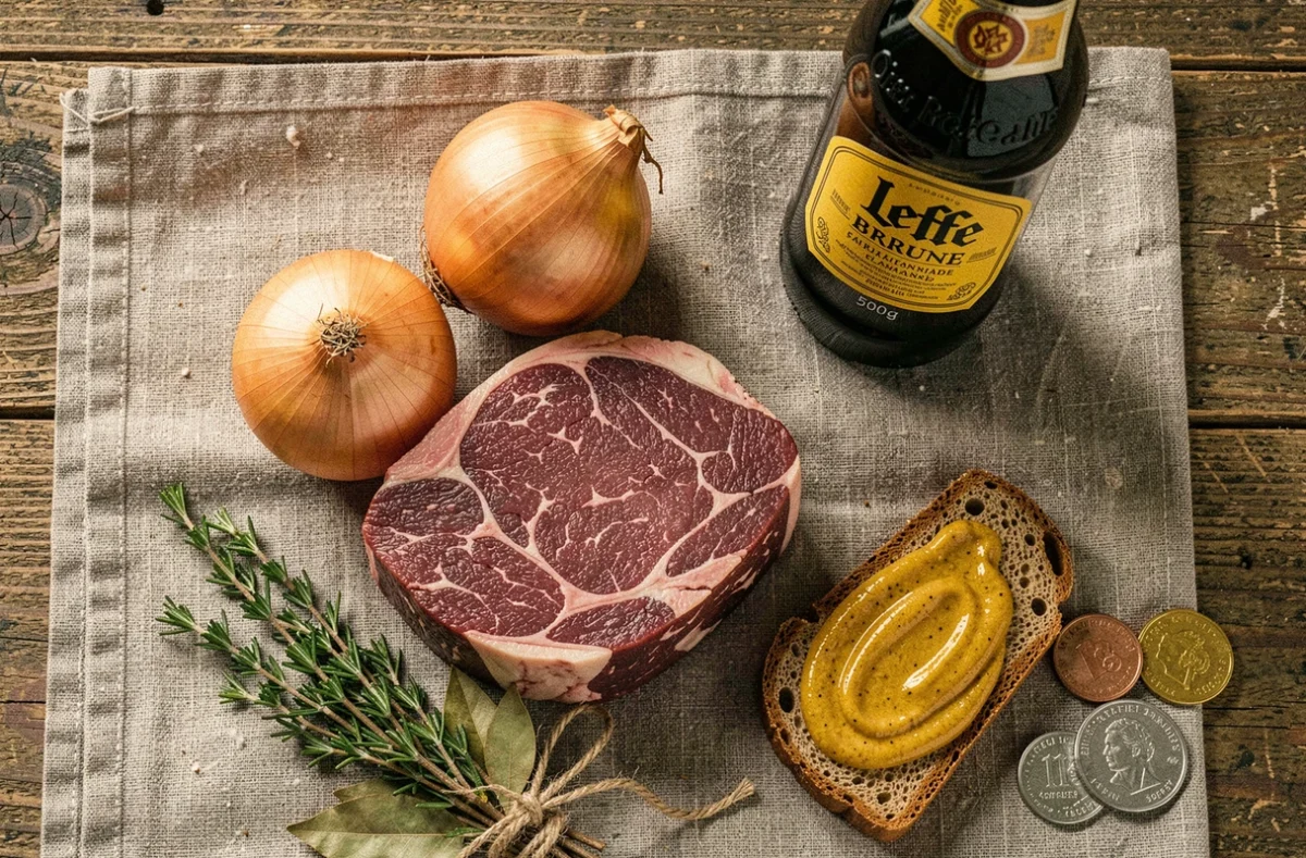 Ingrédients économiques de la carbonade flamande disposés en flat-lay : bœuf à braiser, bière brune belge, oignons, pain d'épices et herbes aromatiques sur fond de bois rustique