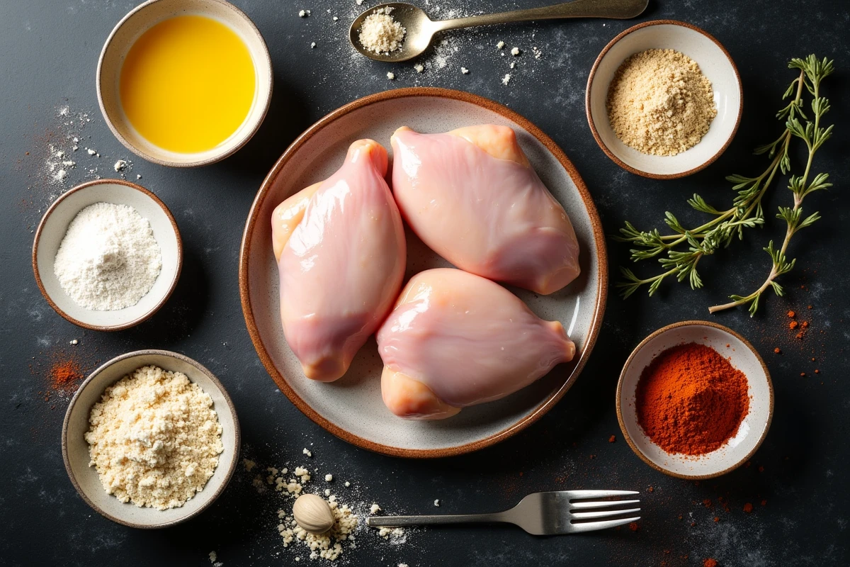 Vue de dessus des ingrédients économiques pour panure poulet : œuf, farine, chapelure, épices dans des bols en céramique