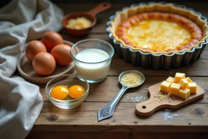 Ingrédients de quiche lorraine disposés sur un plan de travail rustique avec œufs entiers, jaunes séparés, crème et lardons
