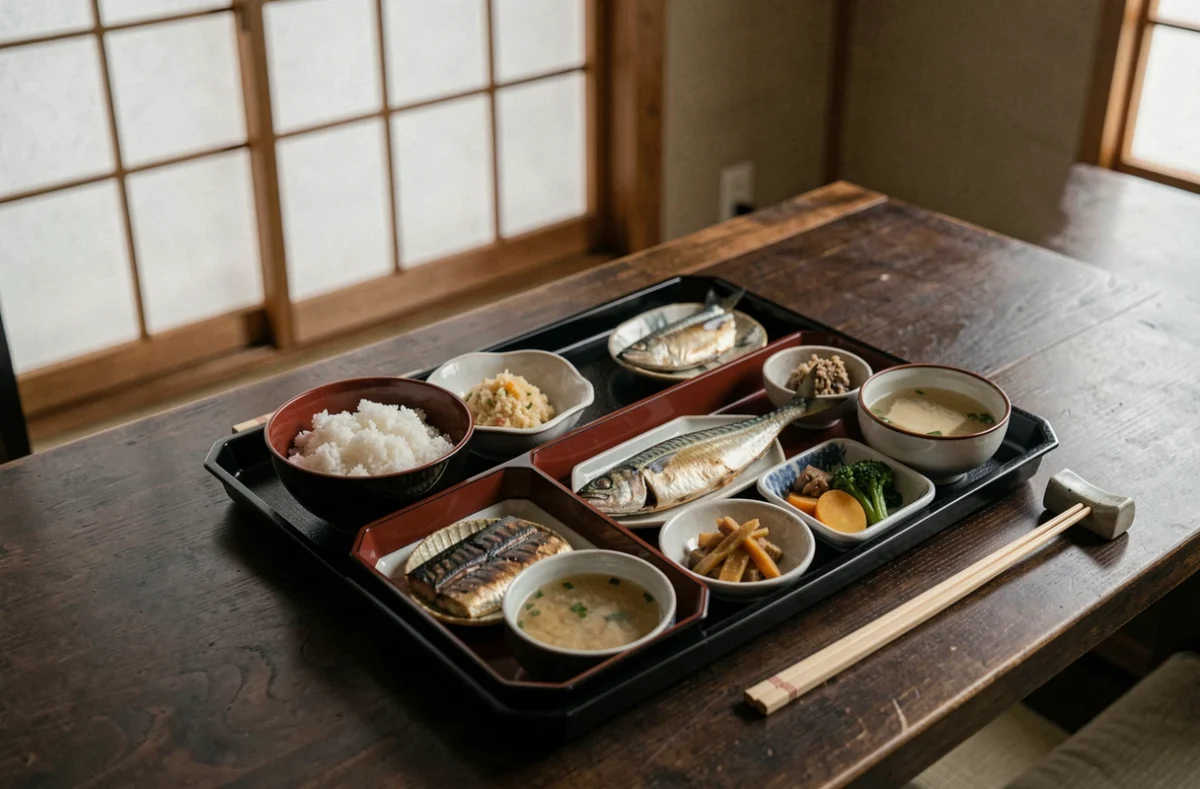 Repas traditionnel japonais teishoku avec maquereau grillé et soupe miso chez Japon Osaka au Havre