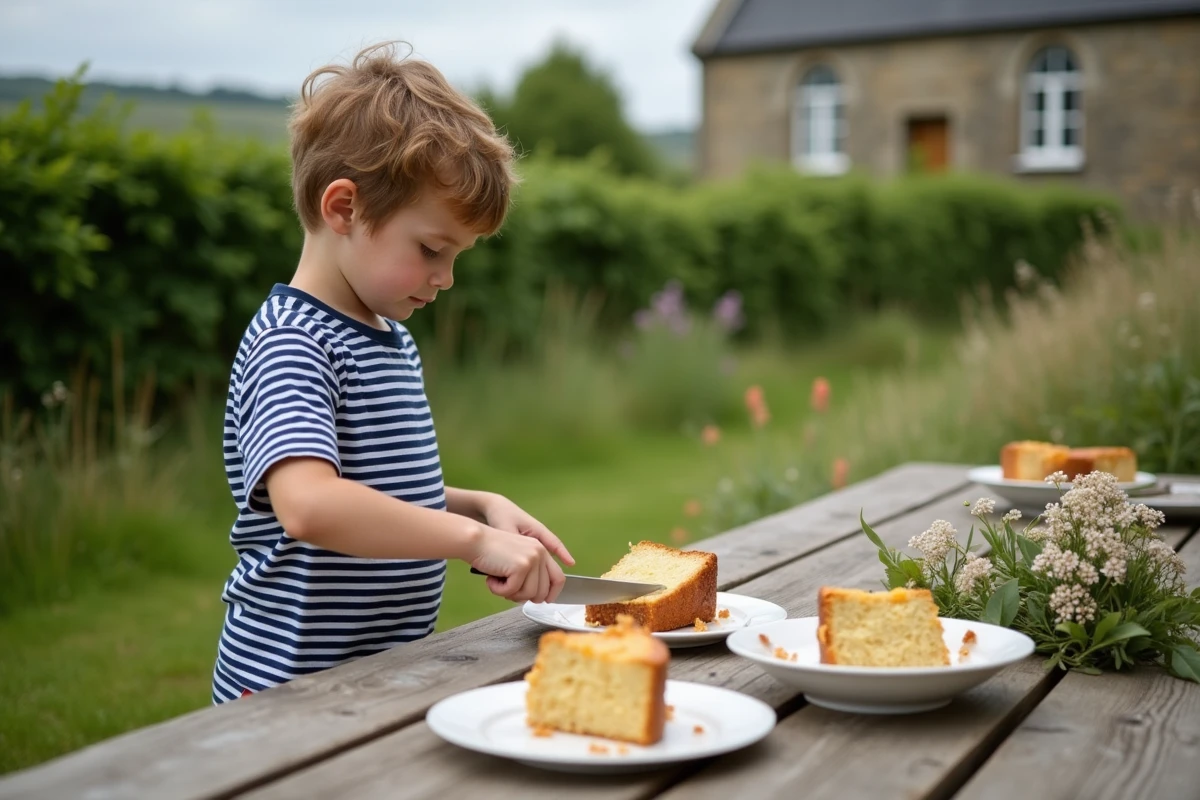 Jeune garçon breton coupant un quatre quart en plein air