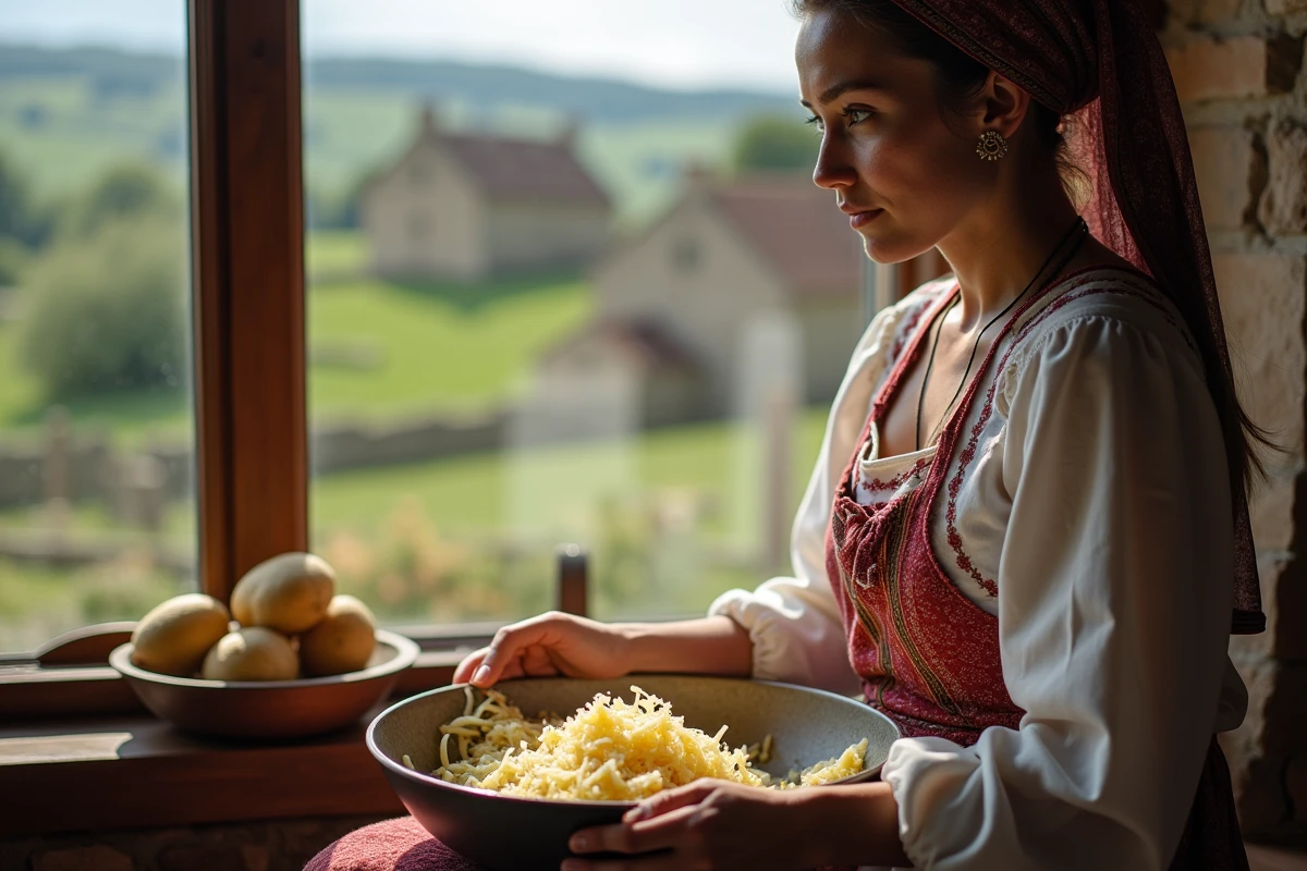 Jeune femme auvergnate r&acirc;pant des pommes de terre pr&egrave;s d