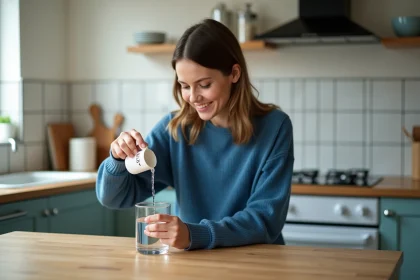 Jeune femme en cuisine verse de l'eau dans un cylindre