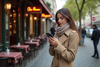 Jeune femme à Paris vérifiant son téléphone devant un restaurant