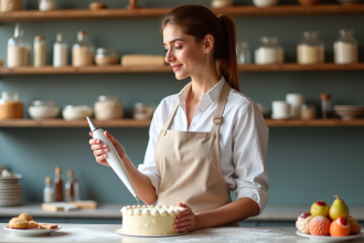 Jeune femme en tablier pastel dans une cuisine de pâtisserie