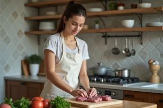 Jeune femme nettoyant des rognons de veau dans la cuisine