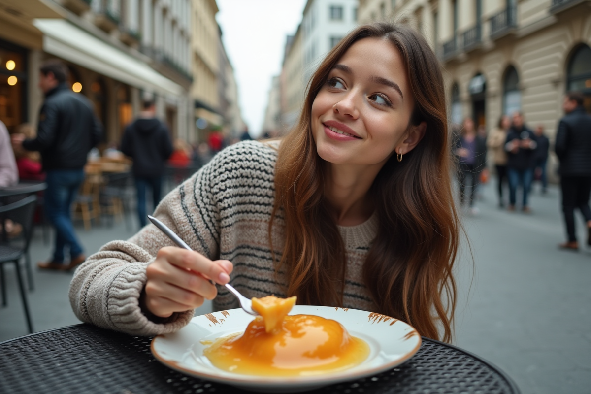 Jeune femme curieuse dégustant un plat gélatineux en extérieur