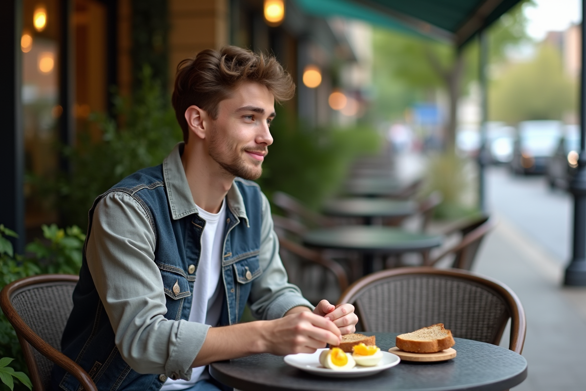 Jeune homme dégustant des œufs mollets au café en plein air