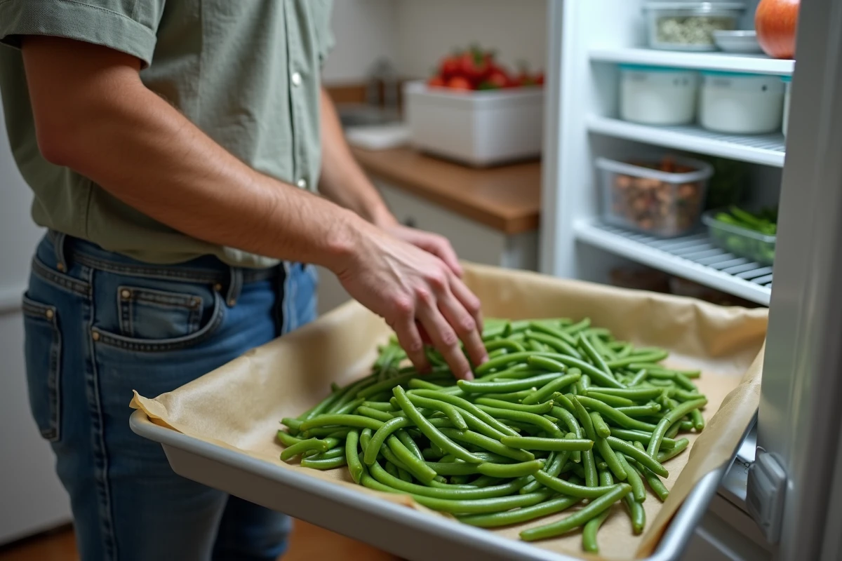 Jeune homme &eacute;talant des haricots verts sur un plateau