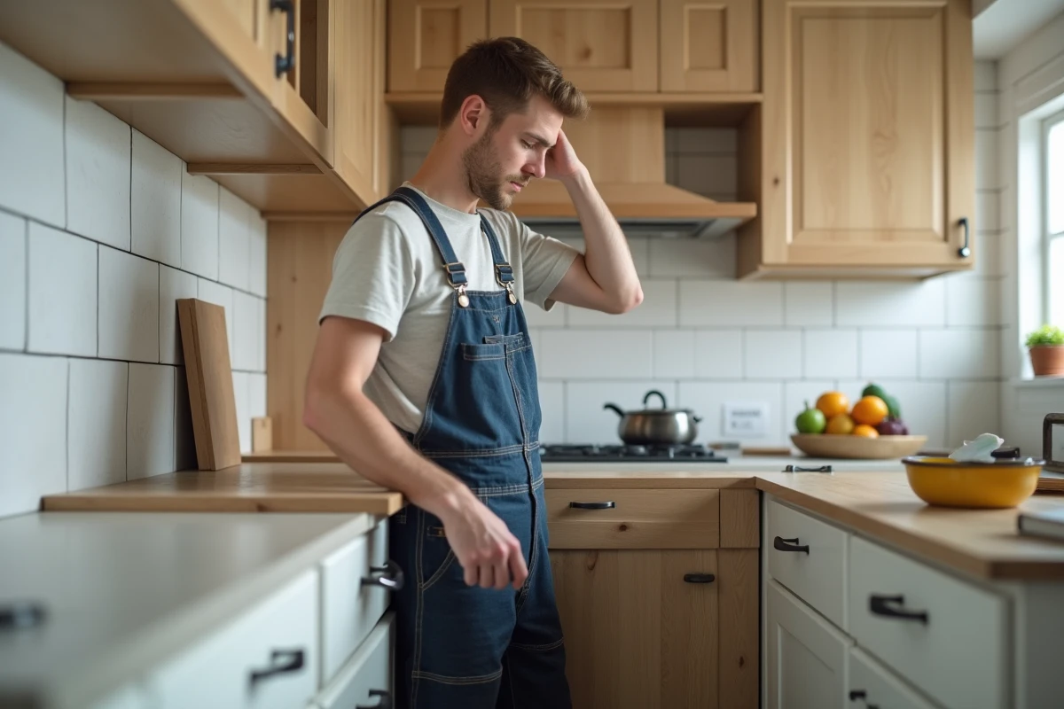 Jeune homme installant un meuble dans une cuisine