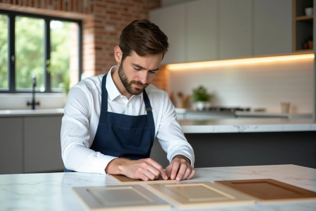 Jeune homme choisissant des &eacute;chantillons de cuisine