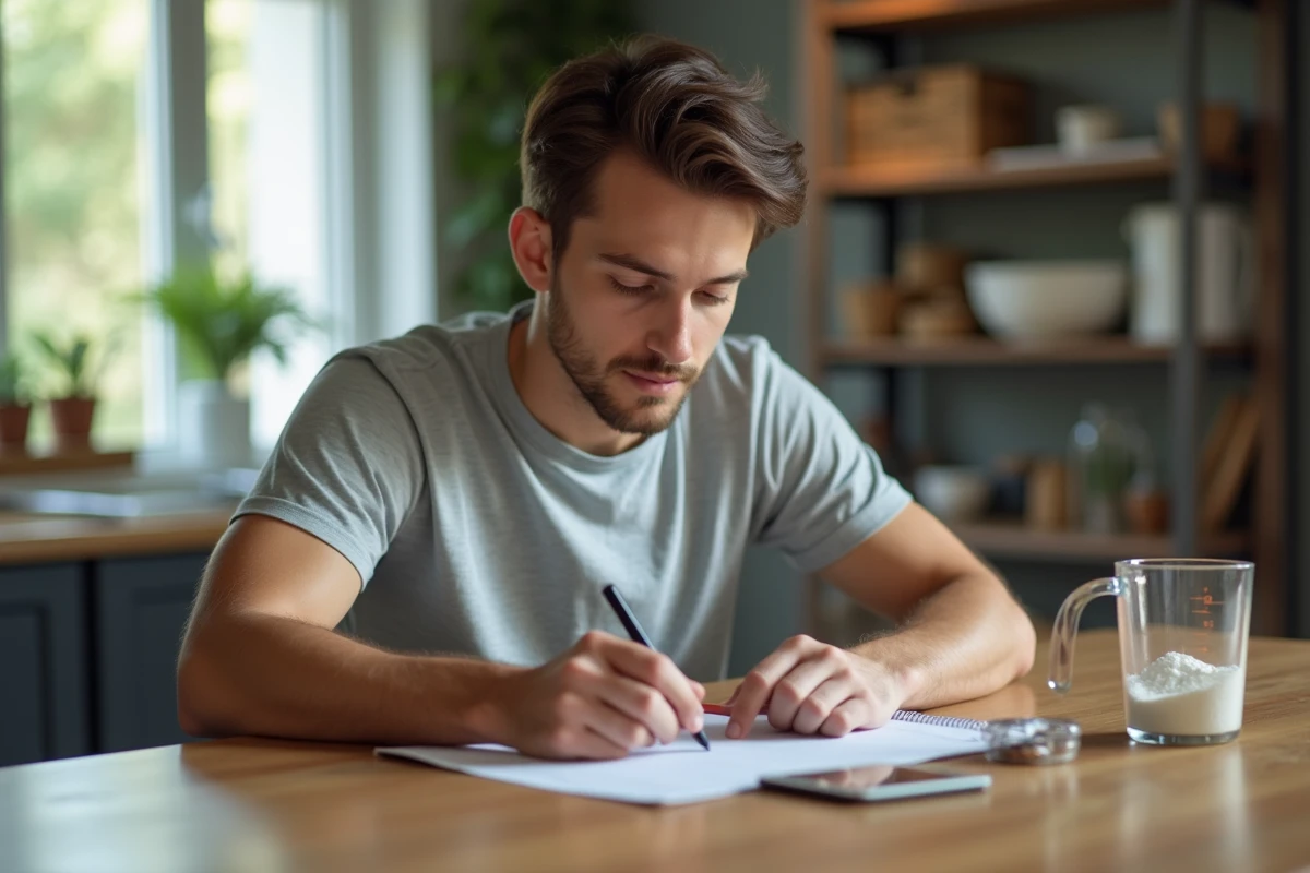 Jeune homme v&eacute;rifiant sa recette avec un verre doseur