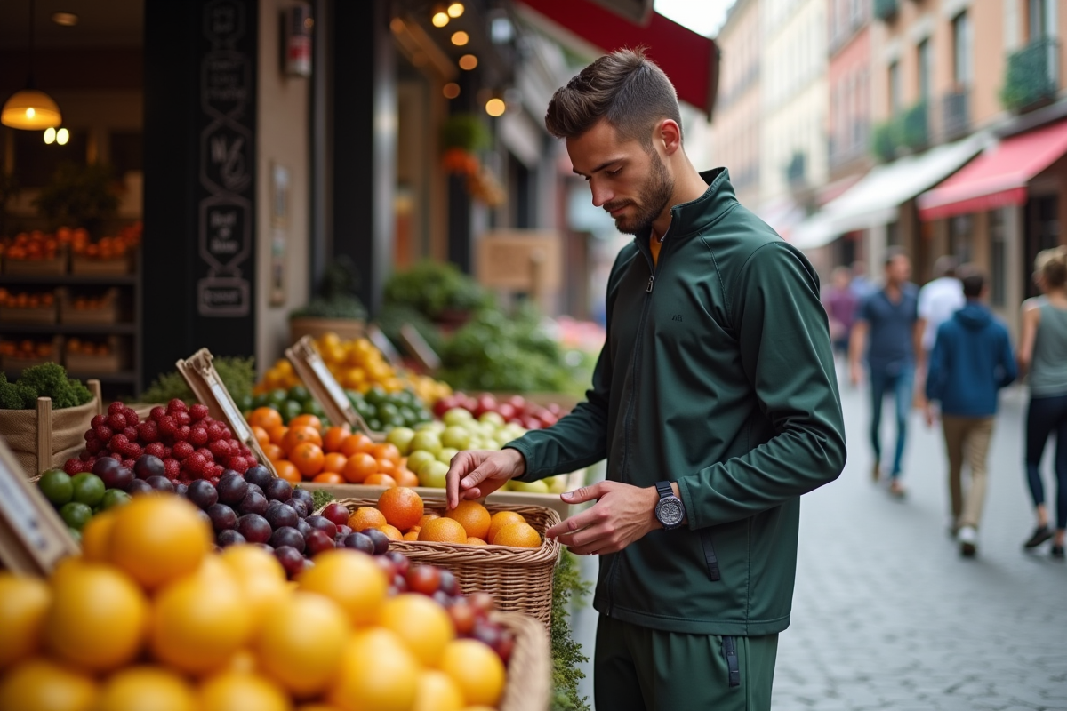 Jeune homme choisissant des fruits dans un marché urbain