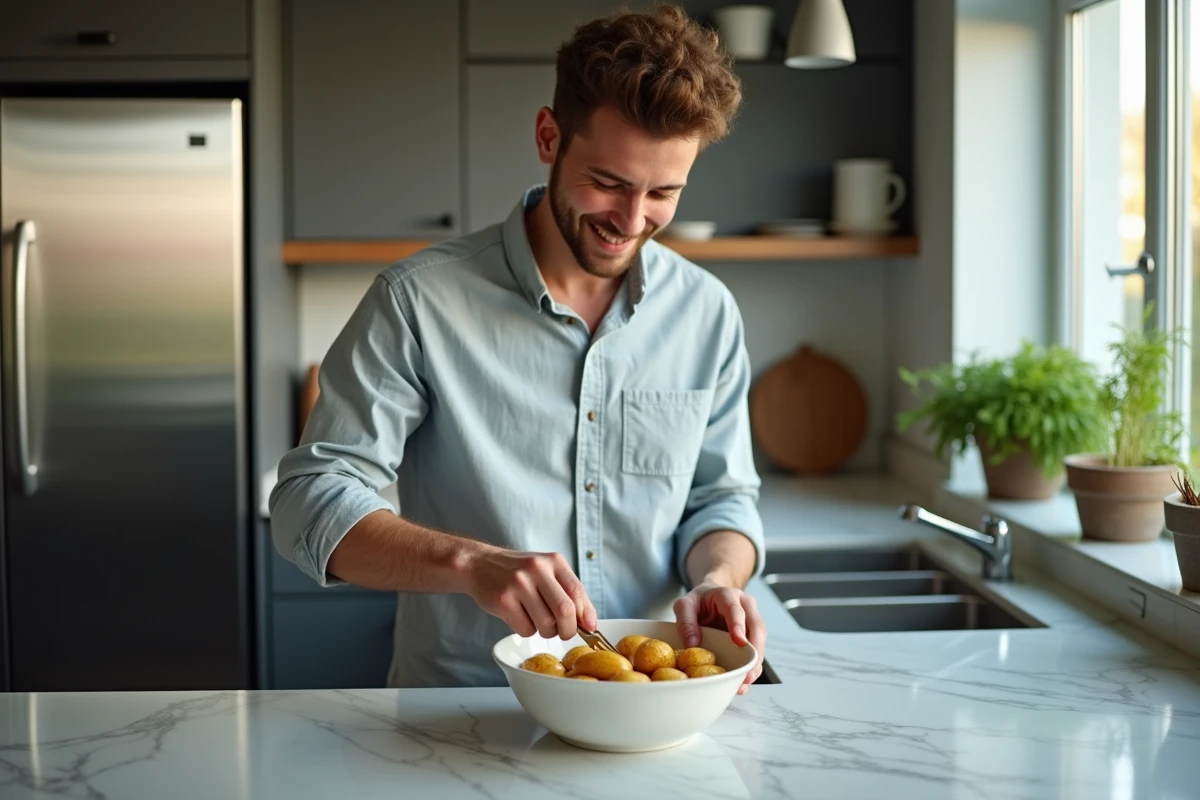 Jeune homme remuant des pommes de terre dans un bol en cuisine moderne