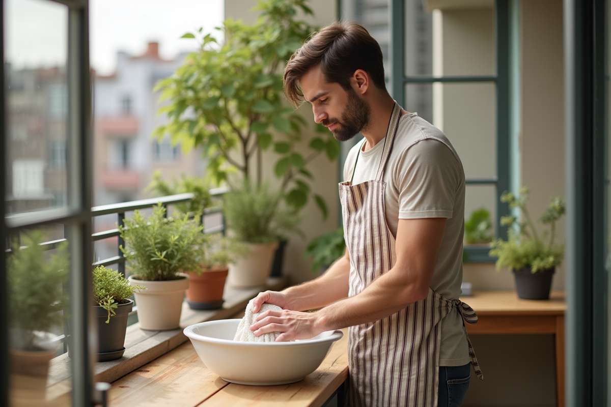 Jeune homme lavant un tablier sur un balcon ensoleille