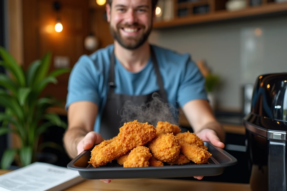 Jeune homme sortant un poulet croustillant de l