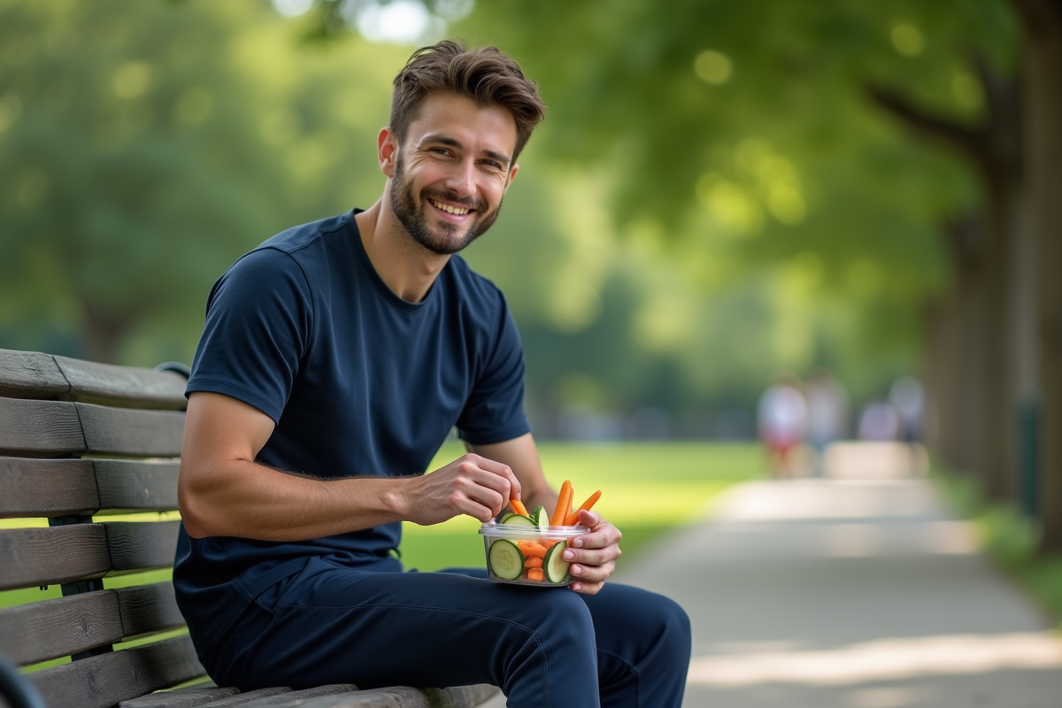 Jeune homme mangeant légumes dans un parc