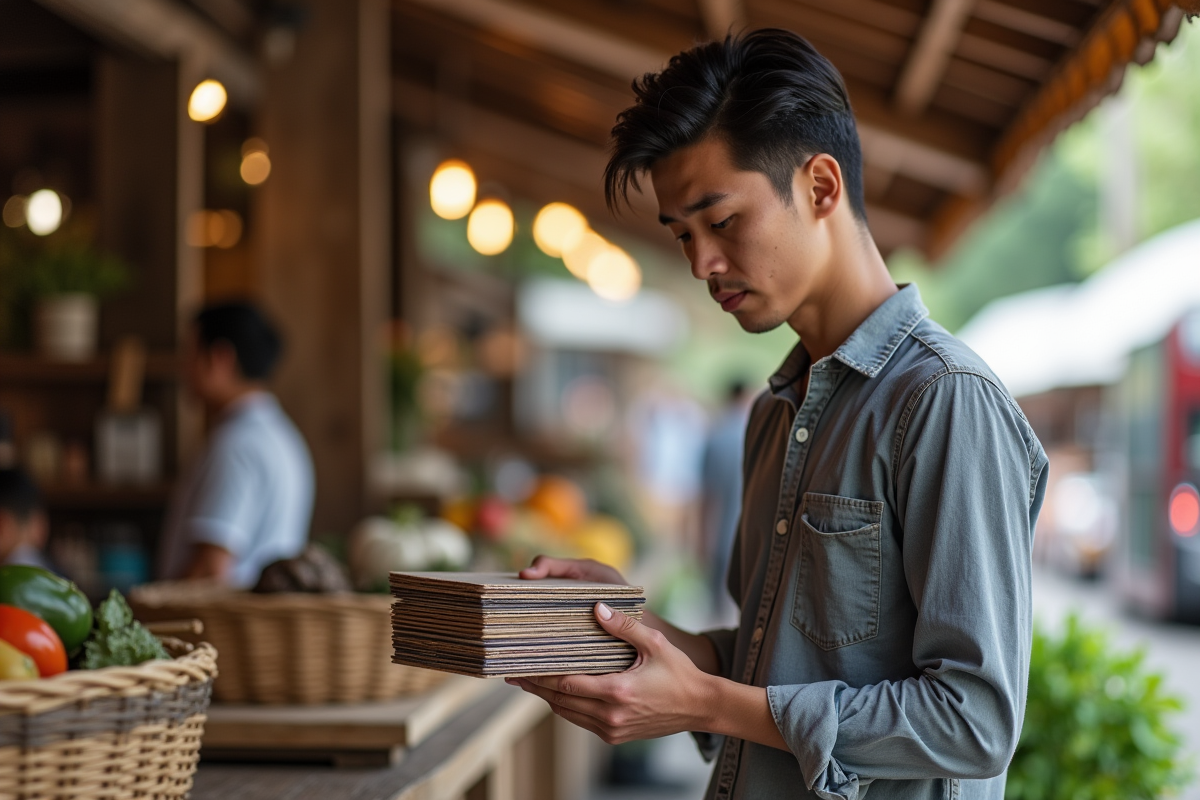 Jeune homme inspecte des planches en plastique au marché en plein air