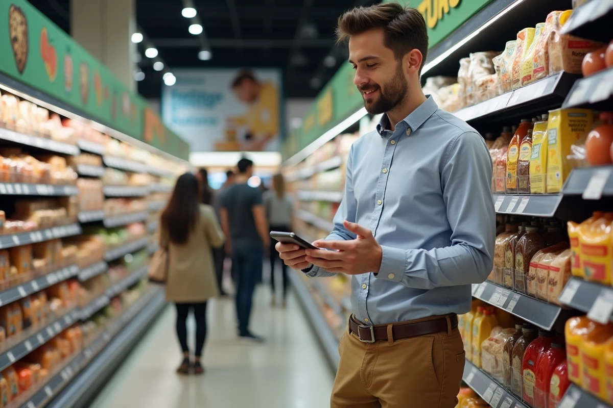 Jeune homme choisissant des aliments sains en supermarché