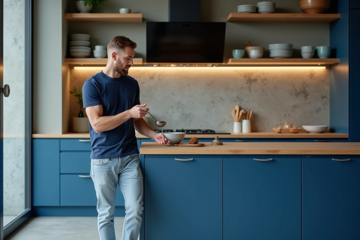 Jeune homme dégustant une soupe dans une cuisine contemporaine colorée