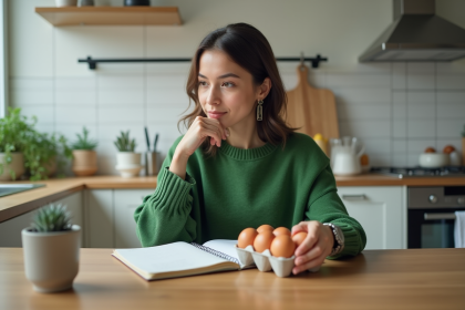 Jeune femme vegan en cuisine moderne examinant un carton d'oeufs