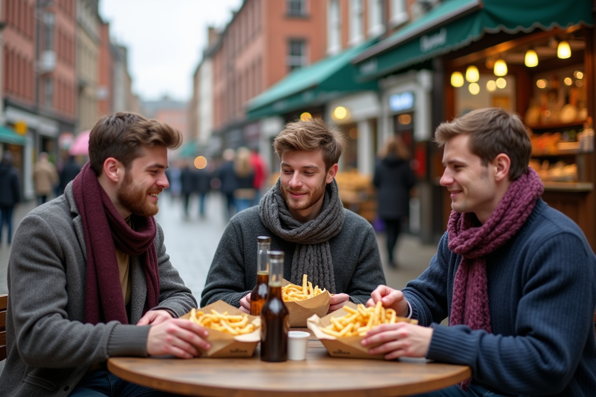 Jeunes adultes dégustant fish and chips dans un marché urbain