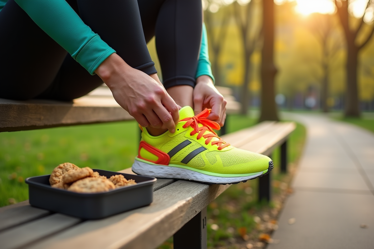 Joggeuse attachant ses chaussures dans un parc urbain au matin