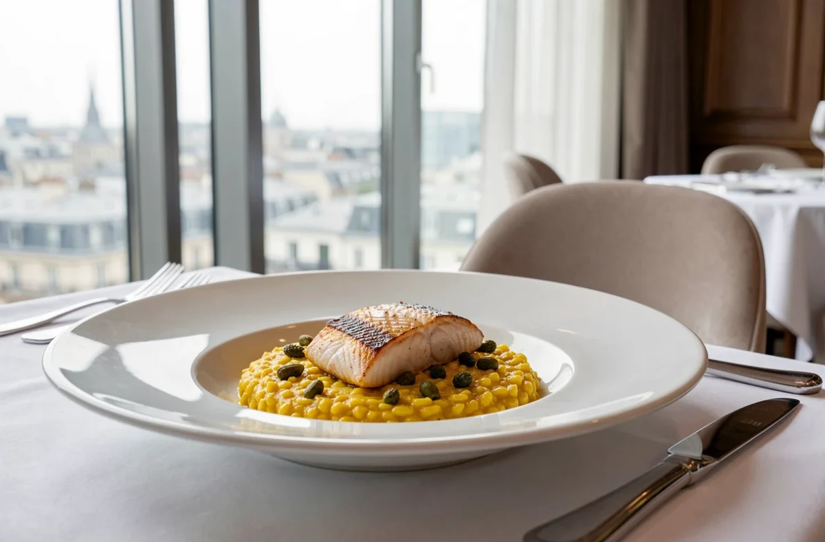 Plat de cuisine italienne contemporaine élégamment présenté au restaurant Le George du Four Seasons Paris